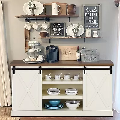 Farmhouse Barn Door Coffee Bar Cabinet Sideboard Buffet With Multi-Layer Storage • $223.99