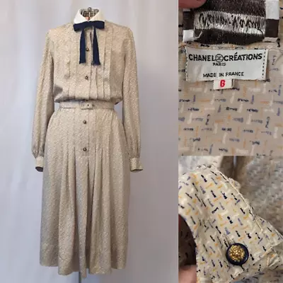 Chanel Creations Rare 70s Vintage Silk Shirt Dress W/ Orig Belt Peter Pan Collar • £237.53