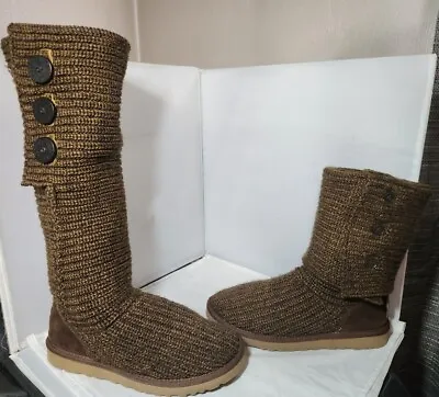 Authentic UGG WNs Sz 8 Classic Cardy Tall Short Convertible Knit Boot Gold Brown • $40