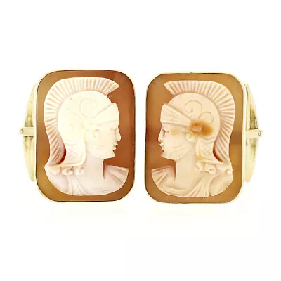 Vintage Men's 18k Gold Rectangular Carved Shell Cameo Trojan Knight Cuff Links • $639.20