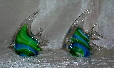 Murano Hand Blown Art Glass Blue Green Striped Tropical Angelfish Fish Figurines • $54.40