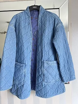 M&s Quilted Per Una Denim Floral Lining Kimono Open Front Jacket Size 10 • £35