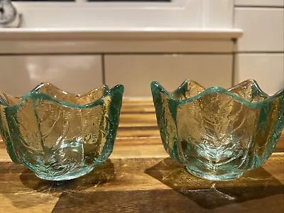 Vintage Tulip/Leaf Shaped Aqua Green Glass Votive Candle Holder Set Of 2 EUC • $24