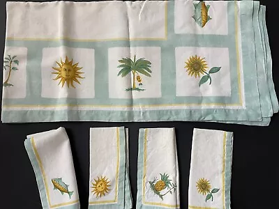 RARE Vintage WILLIAMS SONOMA 4 Napkins TABLECLOTH 70x70 ITALY Sun FISH Sunflower • $124.95