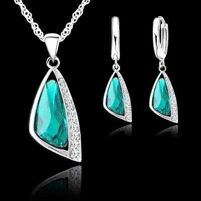 925 Sterling Silver Green Cubic Zirconia Crystal Necklace Pendant Earring Set UK • £4.99