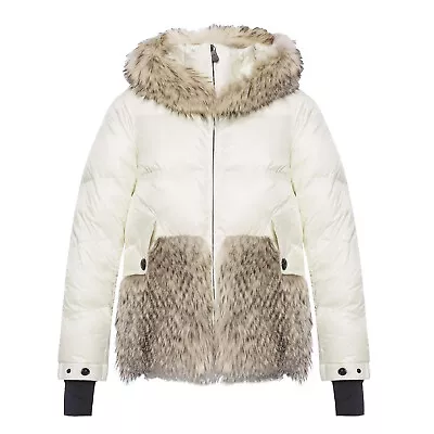 MONCLER GRENOBLE JOUX Short Down Jacket Quilted Puffer Hood Fur Trim White 1 S-M • $1250