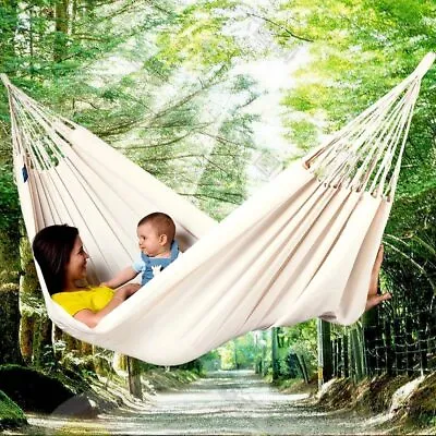 White Canvas Fabric Double Hammock With Pillow Spreader Bar 2 Person Swing Hang • $21.99