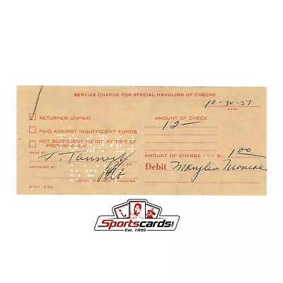Marilyn Monroe Bank Issue Service Charge Receipt Dated 10-30-51 • $124.99