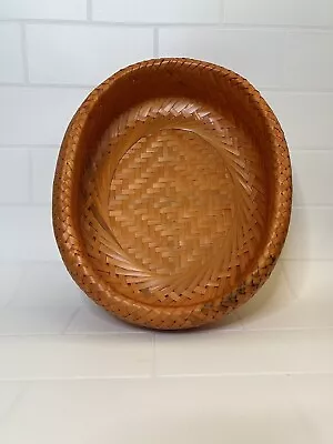 Bambu Hand Woven Bohemian Bowl Red Orange Tan Bamboo Oval Basket Double Walled • $21