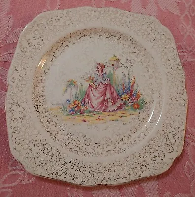 H & K Tunstall England Square Supper Plate Crinoline Lady Pink Dress 1930s Vtg. • $9.99