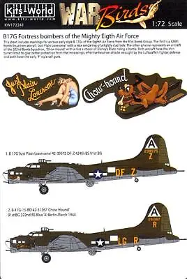 Kits World Decals 1/72 B-17F FORTRESS MIGHTY 8TH AF Chow Hound & Just Lonesome • $12.99