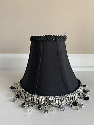 Vintage Black Clip On Lamp Shade W/ Black/Grey Beaded Fringe 6” • $19.50
