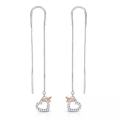 1/5 Cttw Diamond Heart Dangle Threader Women's Earrings Rhodium Plated Silver • $99.99