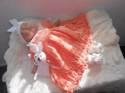 Hand Knitted Coral *Bunny* Dress Set ..Newborn Baby Girl/reborn 19-20 ...*.NEW * • £19.99