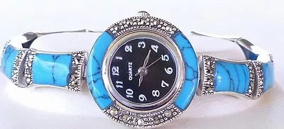 VINTAGE STYLE! Arizona Turquoise & Marcasite Bracelet Watch Sterling Silver 925 • $240
