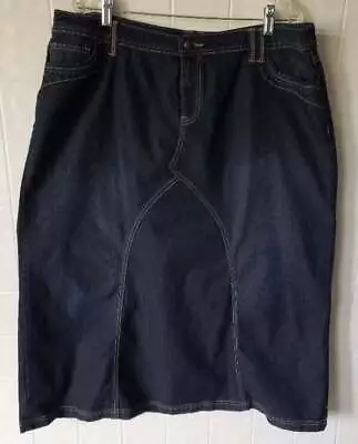 Dressbarn Womens Sz 16 Blue Denim Jean Skirt Mid Calf Dark Blue Stretch Midi • $27.55