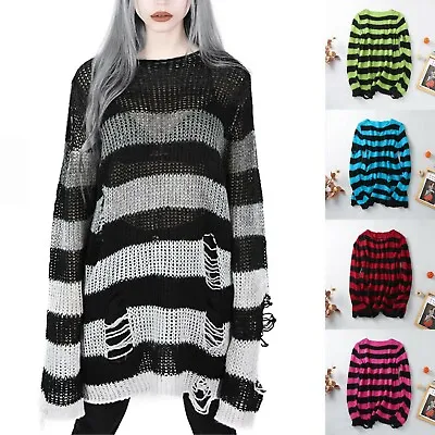 £11.98 • Buy Punk Gothic Jumper Sweater Women Striped Ripped Hole Oversized Long Pullover Top