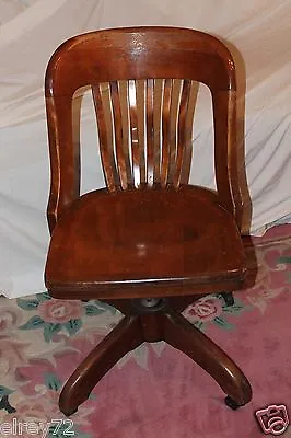Antique Desk Chair Office Swivel Slat Back Circa Early 1930's • $315