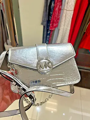 Michael Kors Carmen Medium Shoulder Purse Bag Handbag Crossbody Messenger Silver • $114