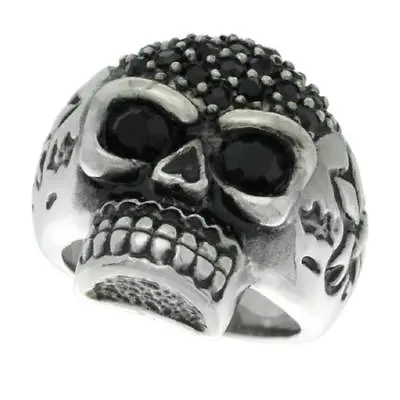 Stainless Steel Biker Skull Ring W/ Black CZ Eyes & Fleur De Lis On Each Side • $22.99