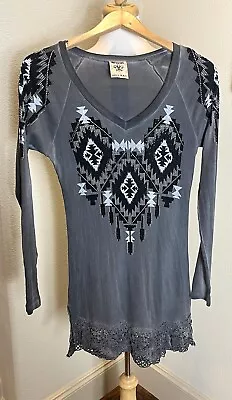 Vocal Boho Western Swarovski Rhinestone Lace Long Sleeve Knit Dress S • $24.99