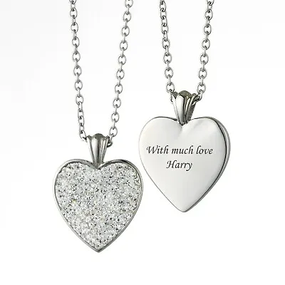 Personalised Necklace With Engraving Silver Heart Pendant With Crystals Gift • £20.99