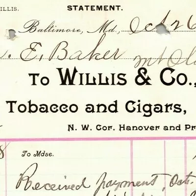 1895 Letterhead Billhead Willis & Co. Tobacco Cigars Baltimore Ephraim Baker*  • $22.99