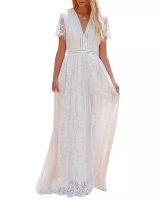 $41.79 • Buy Maternity Clothes Summer Women V Neck White Lace Boho Short Sleeve Beach Wear