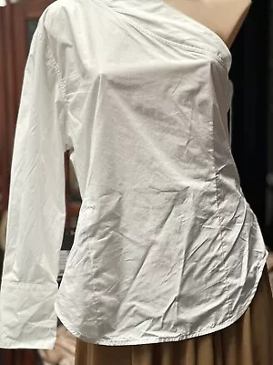 Bassike Shirt Size 4 White One Sleeve Cotton Blouse Rouching & Zip BNWT RRP$340 • $150
