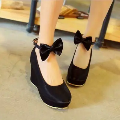 New Women Lolita Mary Jane Platform High Heels Bowknot Ankle Strap Wedge Shoes • £31.19