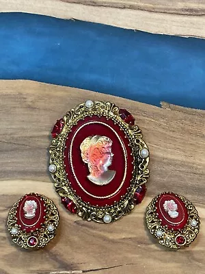 Vintage West Germany Red Ombré Glass Filigree Cameo Brooch & Earrings Set RARE! • $375