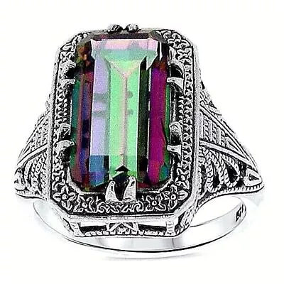 ANTIQUE STYLE 925 STERLING SILVER 5 Ct RAINBOW MYSTIC QUARTZ FILIGREE RING  #041 • $27.99