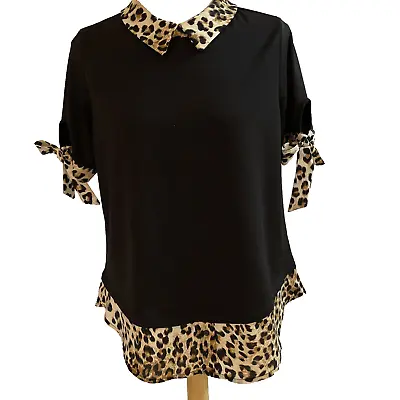 $14.88 • Buy Faith And Joy  Women's Leopard Trim Blouse Size  M Peter Pan Collar Tie Sleeves
