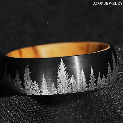 8mm Tungsten Black Forest Tree Setting With Olive Wood Men Wedding Band Ring • $9.99
