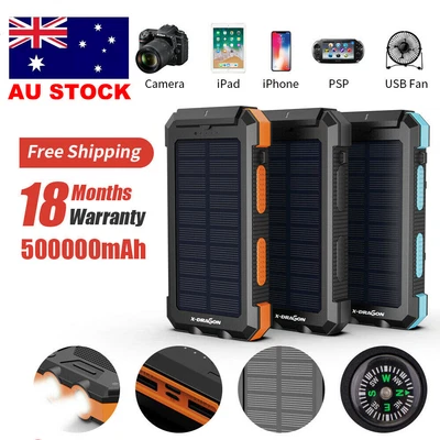 $39.99 • Buy 500000mAh Waterproof Portable Solar Charger 2 USB External Battery Power Bank AU