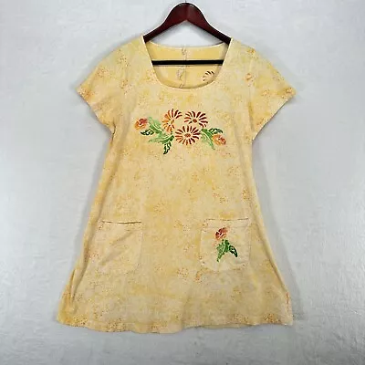 Vintage 90s Dress Women Small Yellow Hand Painted Mini Cotton Short Sleeve • $26