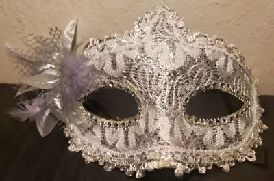 Masquerade Mask - Venetian Mardi Gras Party White Laced Trim Ear Feather Flower • $14.20