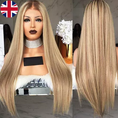 Womens Real Long Straight Hair Wig Ladies Natural Ombre Blonde Cosplay Full Wigs • £7.99