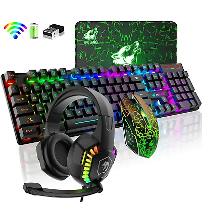 $19.99 • Buy 104Keys USB Gaming Wireless Keyboard Mouse And 3.5MM RGB Over Headset Set PC Mac