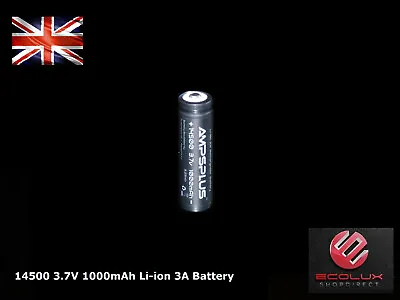 Ampsplus 14500 1000mAh Battery 3.7V Lithium 3A Rechargeable Button Top Batteries • £4.99