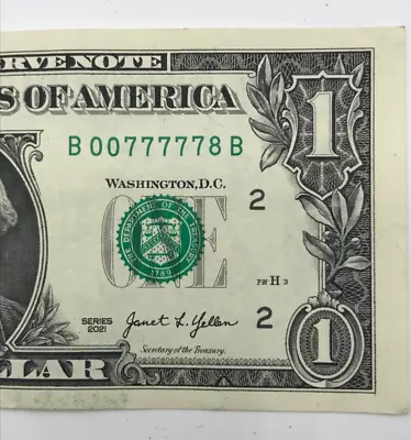 Dollar Bill 5 Of A Kind  7s #00777778 Trinary Lucky Note  • $20
