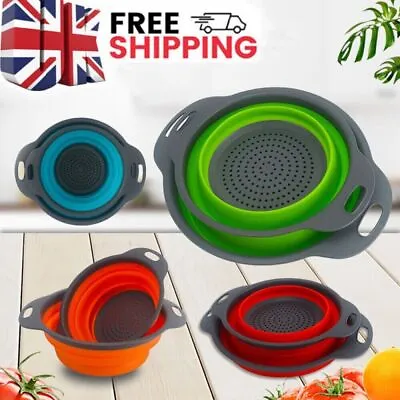 Silicone Collapsible Colander Fruit Vegetable Washing Strainer With Handle UK • £5.39