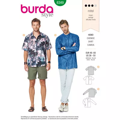 BURDA 6349 MEN'S SHIRTS Sewing Pattern Sizes 34-50 Skill: AVERAGE • £11.59