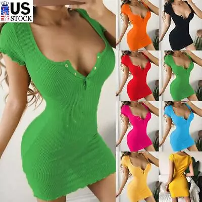 $18.99 • Buy Sexy Women Buttons V-Neck Bodycon Mini Dress Short Sleeve Dresses Party Clubwear