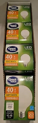 4 Great Value 4W (40W Equivalent) G25 Globe LED Dimmable Light Bulbs • $10.99