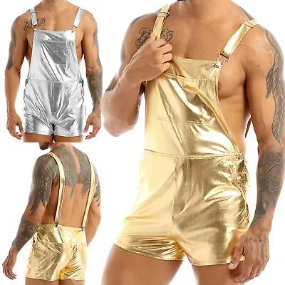 Men's Shiny Metallic Dungarees Bib Overall Suspender Shorts Hot Pants Clubwear • £5.57