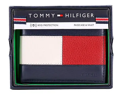 Tommy Hilfiger Men's Premium Leather Double Billfold Passcase Rfid Wallet Navy • $27.29