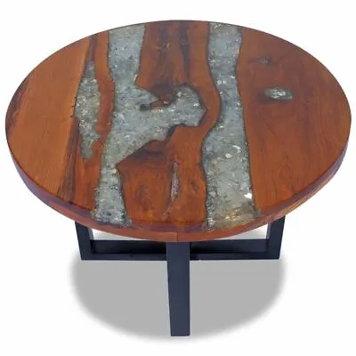 Wooden Coffee Table With Transparent Resin Decor Round Tabletop Home Furniture • $286.95