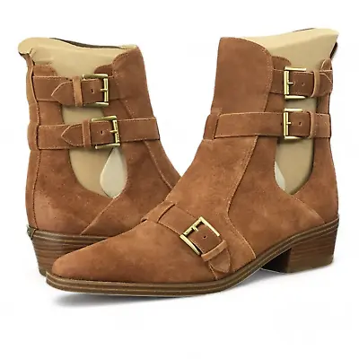 Michael Kors Womens Radley Bootie Size 7 Luggage Brown Suede Gold Logo Buckle • $80.68