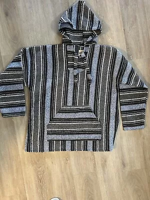 LARGE CLASSIC Mexican BAJA HOODIE - GRAY AND BLUE STRIPED Mexican PONCHO Unisex • $25